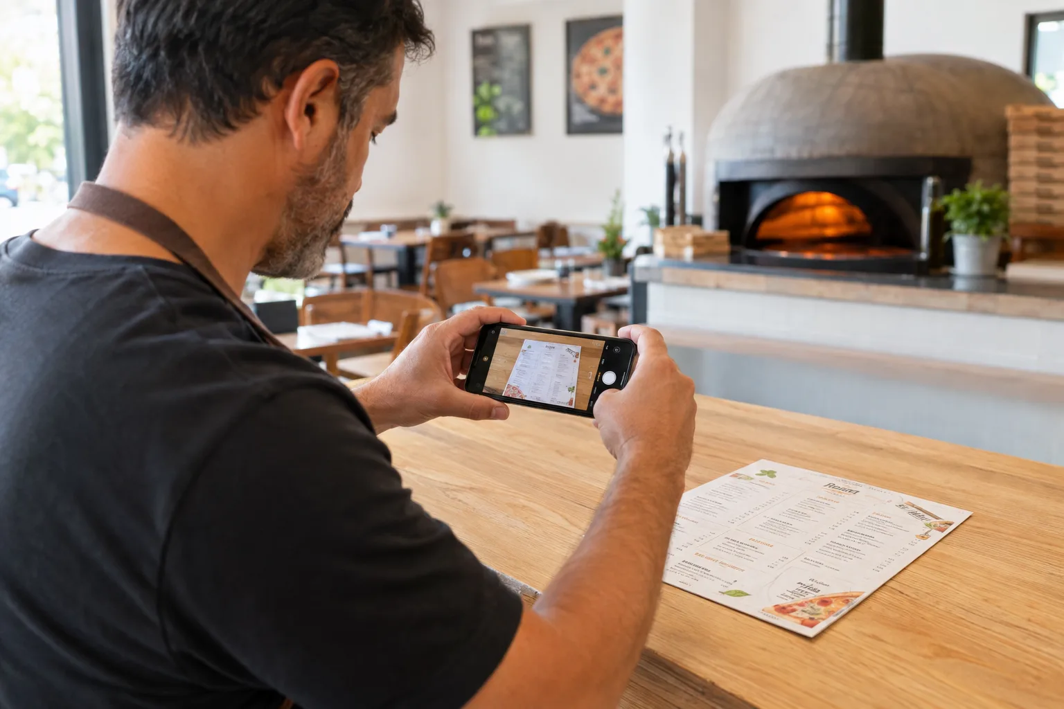 Dono de pizzaria fotografando o cardápio de papel com o celular para importar no Cardápio Simples