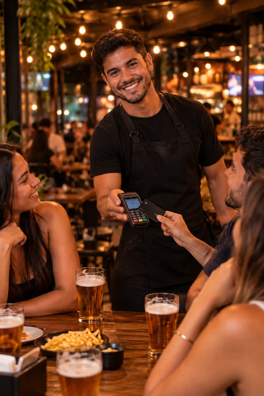 Garçom recebendo o pagamento de uma mesa na maquininha, em um bar cheio